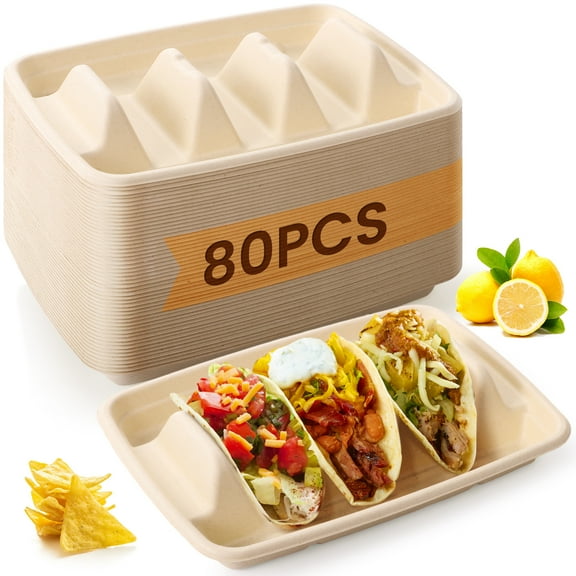 80 PCS Disposable Taco Holders for Party, Bagasse Pulp 3-Slot Taco Plates, 3 Dividers Taco Tuesday Stand, Recyclable Plant Fiber Food Serving Tray for Taco Sandwich Pancake Hot Dog