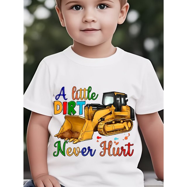 Cartoon Excavator T-Shirt for Boys, Comfortable Print Short Sleeves for Both Boys And Girls, Perfect for Sports And Casual Wear.
