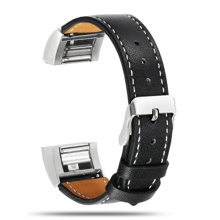 Sleek Black Leather Band - Genuine Leather Strap Wrist Band for Fitbit charge 2 Replacement With Metal Clasp Connector Adjustable Black