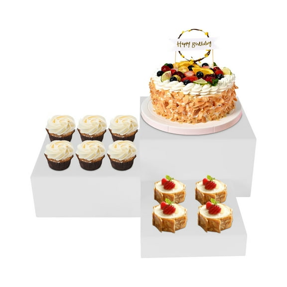 Loyalheartdy 3PCS Display Nesting Riser Stands 8/9/10 inch Rectangular Tabletop Display Stands Cake Fruit Display Stands with Hollow Bottoms White Each Load Capacity 33.07 lbs
