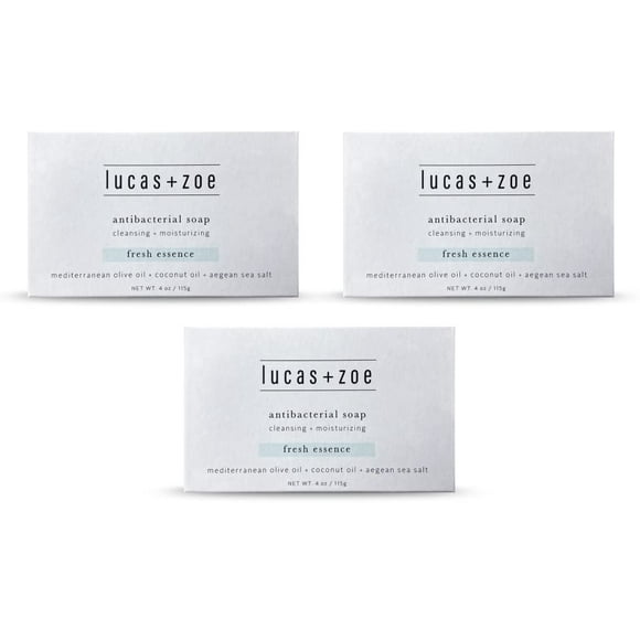 Jabón de barra antiséptico Lucas + Zoe Fresh Essence – Barra de jabón corporal hidratante de 4 onzas hecha con ingredientes naturales como aceite de oliva mediterráneo, aceite de coco y sal del mar Eg
