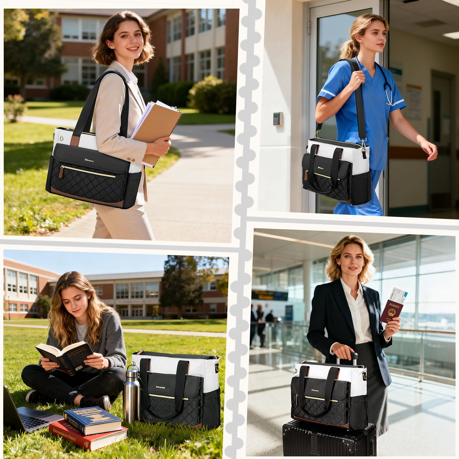 RAINSMORE Teacher Tote Bag 15.6 inch Laptop Bag for Women with Small Bag Professional Work Tote Bags Nurse Bag Computer Briefcase,Black/White/Brown