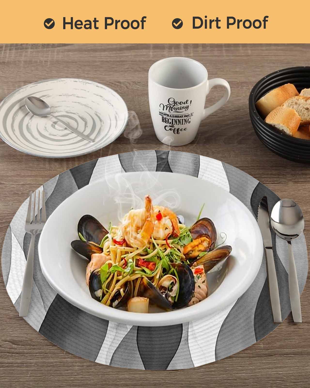 Abstract Wave Pattern Texture Round Table Placemats set of 4, Black Gray White Washable Woven Place Mats for Dining Tables Kitchen Party Decor,Heat Proof, 13in,
