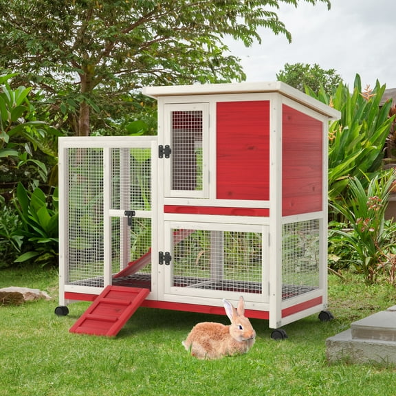 GOJOOASIS Rabbit Hutch Indoor, Water Resistant Wood Chicken Coop Outdoor with 3 Removable Tray & Running Cage & Ramp & Wheels, Red & White