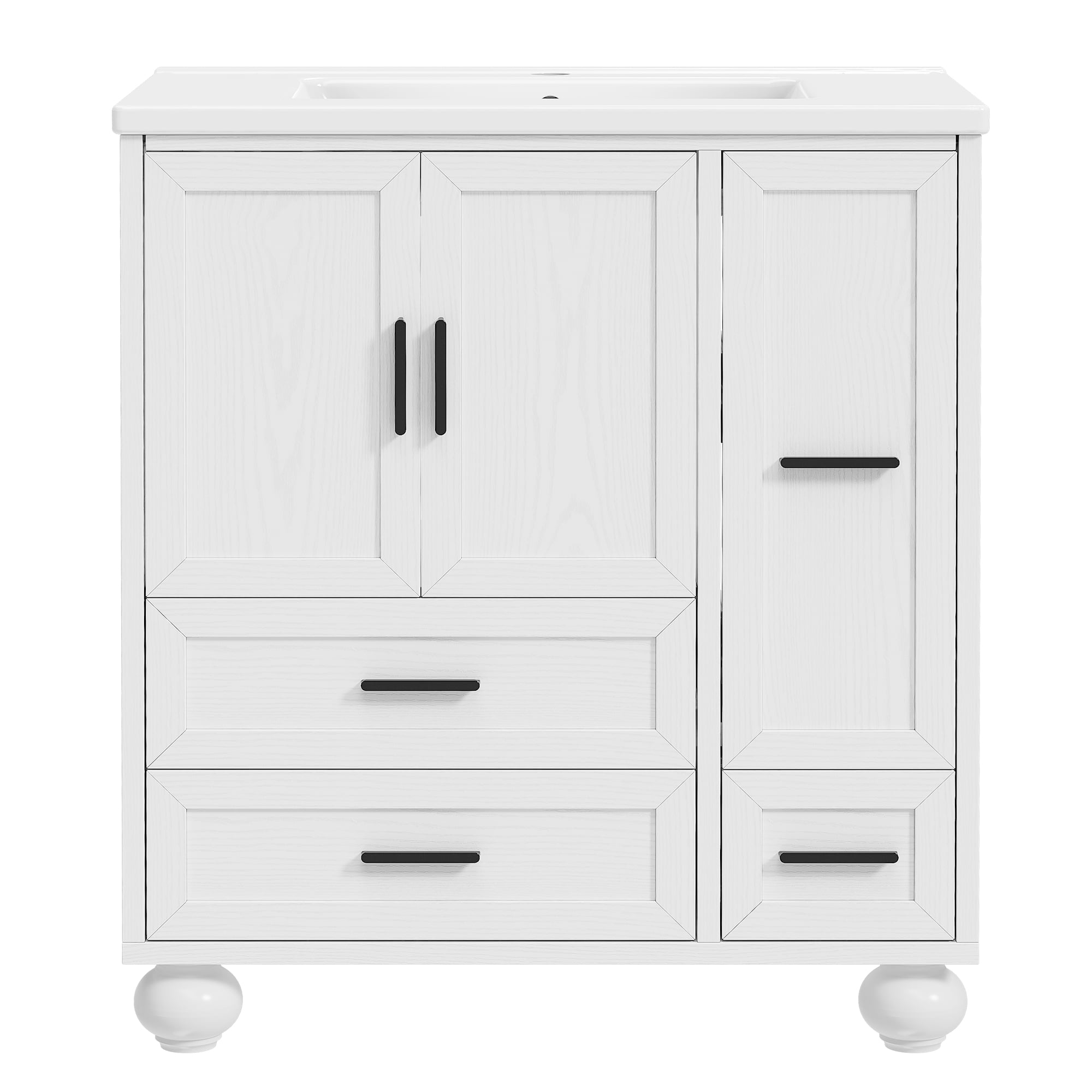 LIKIMIO 30" Bathroom Vanity with Ceramic Sink Combo, White Bathroom Storage Cabinet with Hair Tool Pull-out Drawer, 4 Solid Legs, 4 Drawers, Freestanding Wooden Modern Bathroom Cabinet