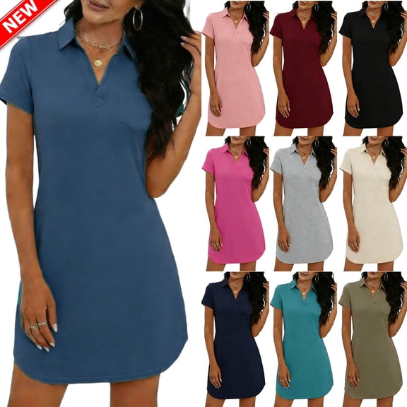 YABCSAZ Women's Casual Dress T-Shirt Summer Solid Color Short Sleeve V Neck Chest Pleats Swing Dresses Plus Size Midi Dress Beach Vacation Sundress with Pockets