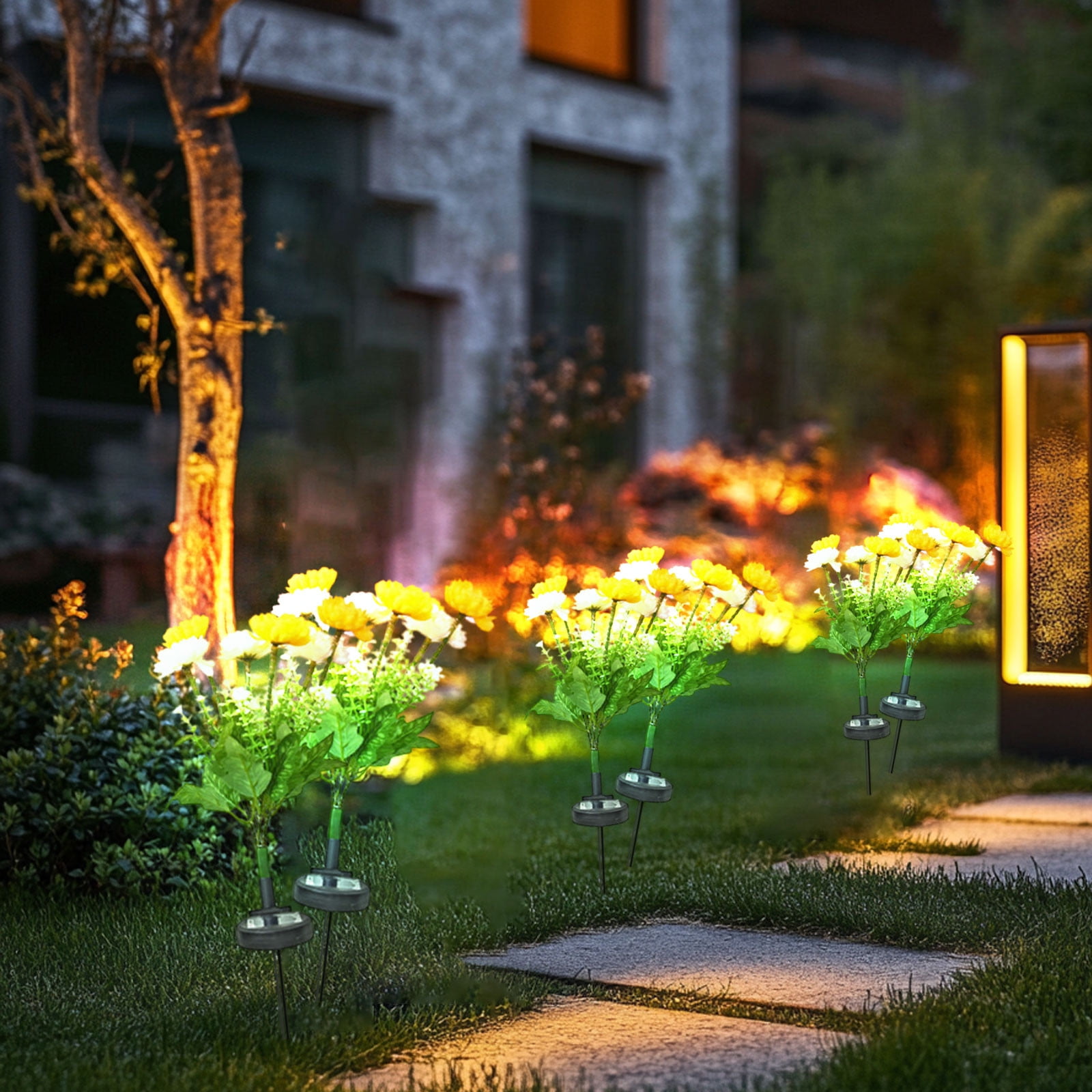 Solar Garden Lights LED Colorful Waterproof Realistic Solar Powered Snow Lotuss Landscape Lights Automatic Lighting In Darkness for Pathway Patio Yard Garden Decor (Yellow + White)