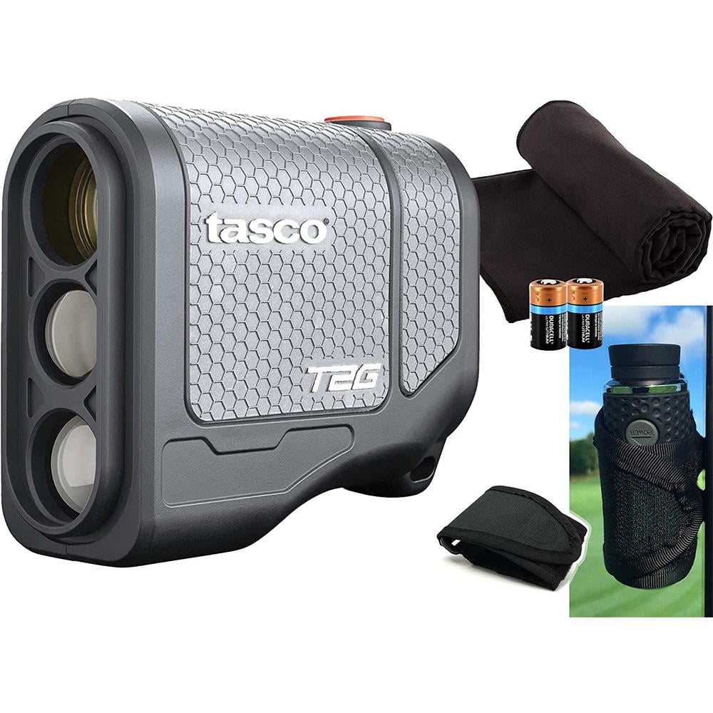 Tasco Tee-2-Green Golf Laser Rangefinder Bundle | +PlayBetter Microfiber Cleaning Towel (Black), Magnetic Golf Cart Mount (Black) & Extra CR2 Lithium Battery