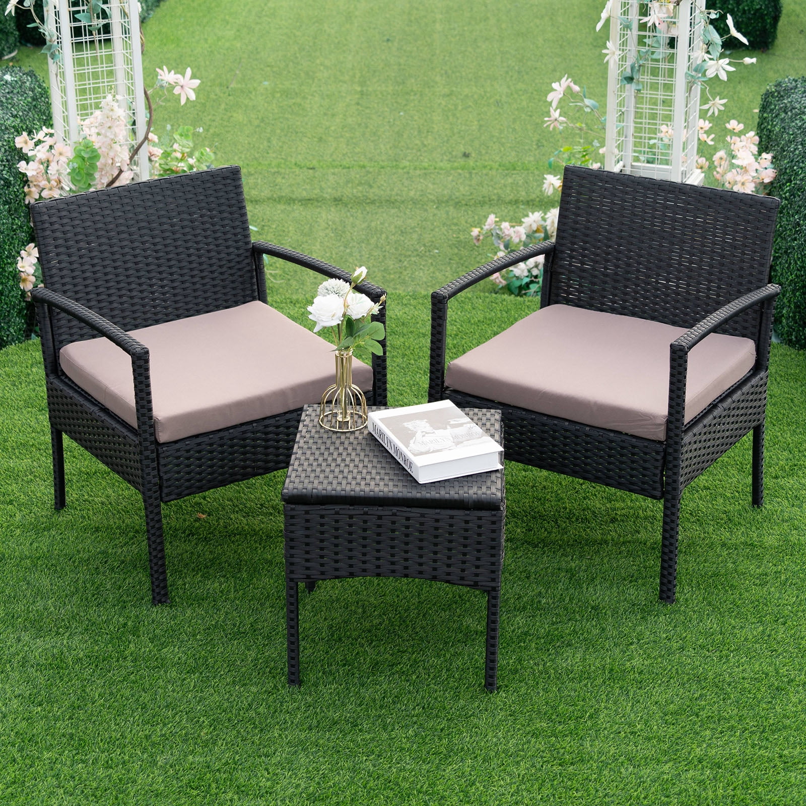 Tappio 3 Piece Outdoor Patio Furniture Set Outdoor Rattan Furniture, Patio Chairs Set of 3, Rattan Conversation Bistro Sets with Table and Cushions Brown