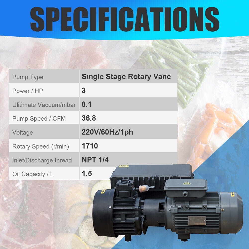 37Cfm 220V/60Hz/ 1PH Single Stage Oil Sealed Rotary Vane Vacuum Pump 3HP