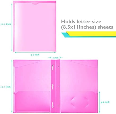 Heavy Duty Plastic Folders with Clear Front Pocket - 6PCS, 3 Pockets Folders with Prongs and Card Slot, for Letter Size Sheets, Bright Colors