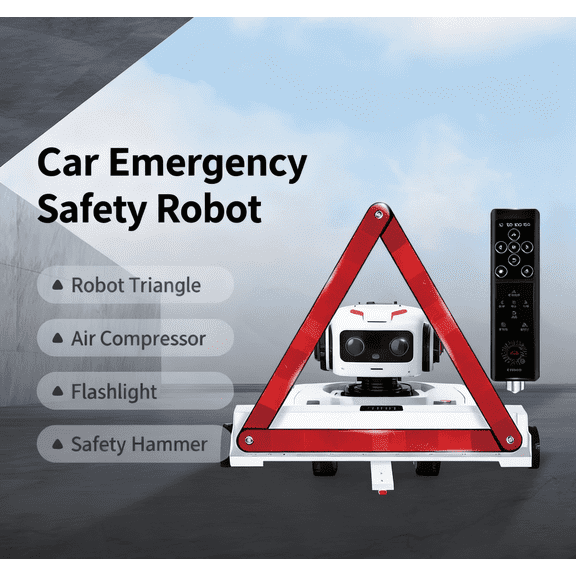 Car Emergency Safety Robot with Triangle Warning Sign, Air Compressor, Flashlight & Safety Hammer - All-in-One Auto Emergency Kit