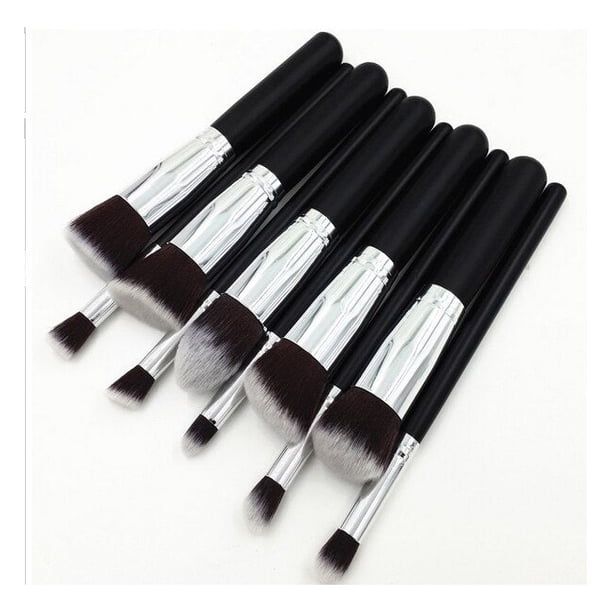 Juego de brochas de maquillaje de madera de nailon para cabello sintético negro, 10 unidades