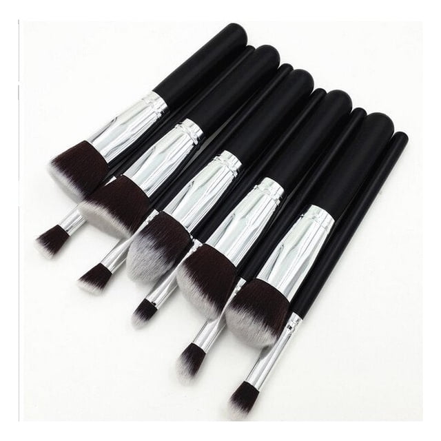 Juego de brochas de maquillaje de madera de nailon para cabello sintético negro, 10 unidades