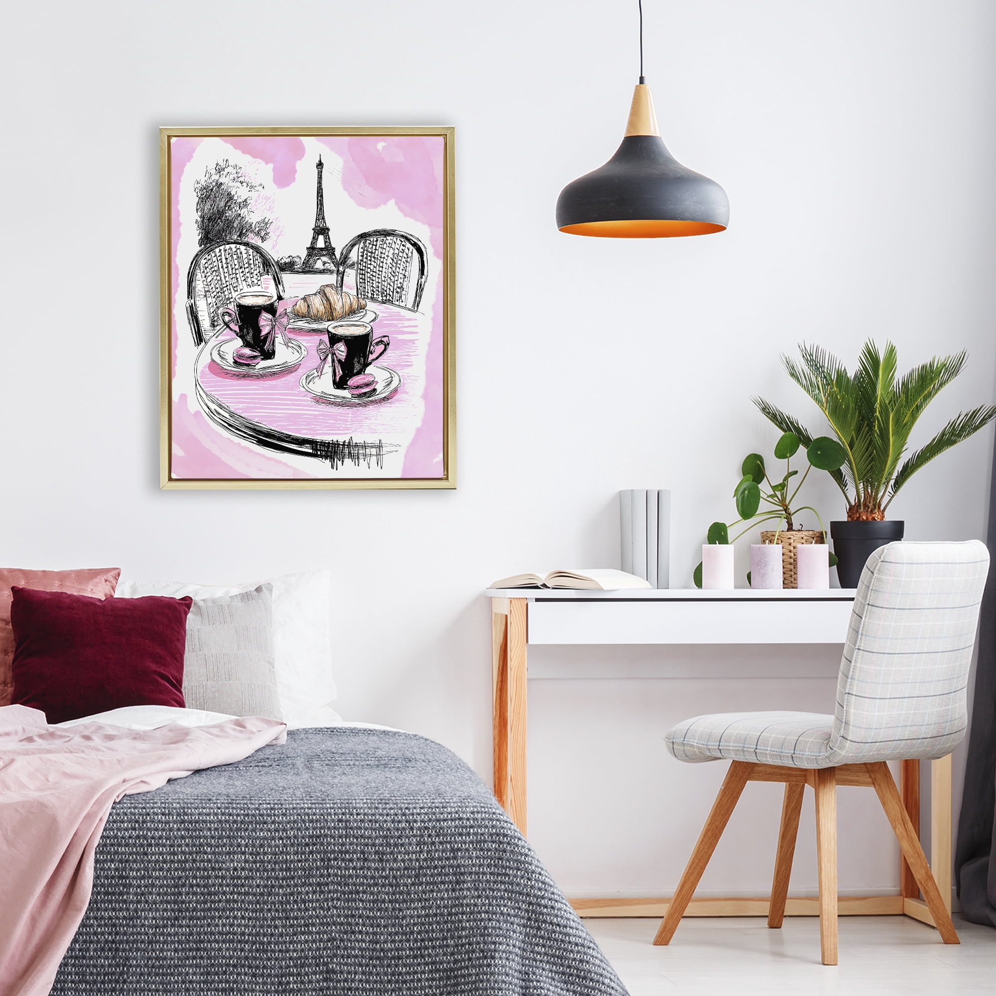 Stupell Industries Pink Parisian Cafe Breakfast Gold Framed Floater Canvas Wall Art, design by Jess Stempel