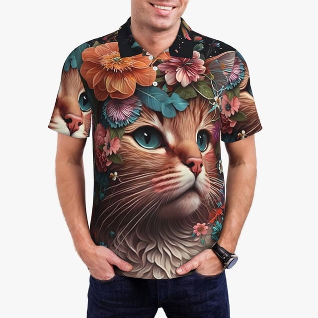 Fotbe Flower Crown Cat Camiseta Polo de Golf para Hombre con Estampado – Camisa Deportiva Transpirable con Cuello Abotonado-Large