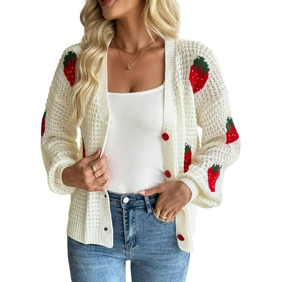 Womens Kawaii Strawberry Knit Cropped Sweater Cute Cardigan Aesthetic for Teen Girls Floral Y2k Cream White L
