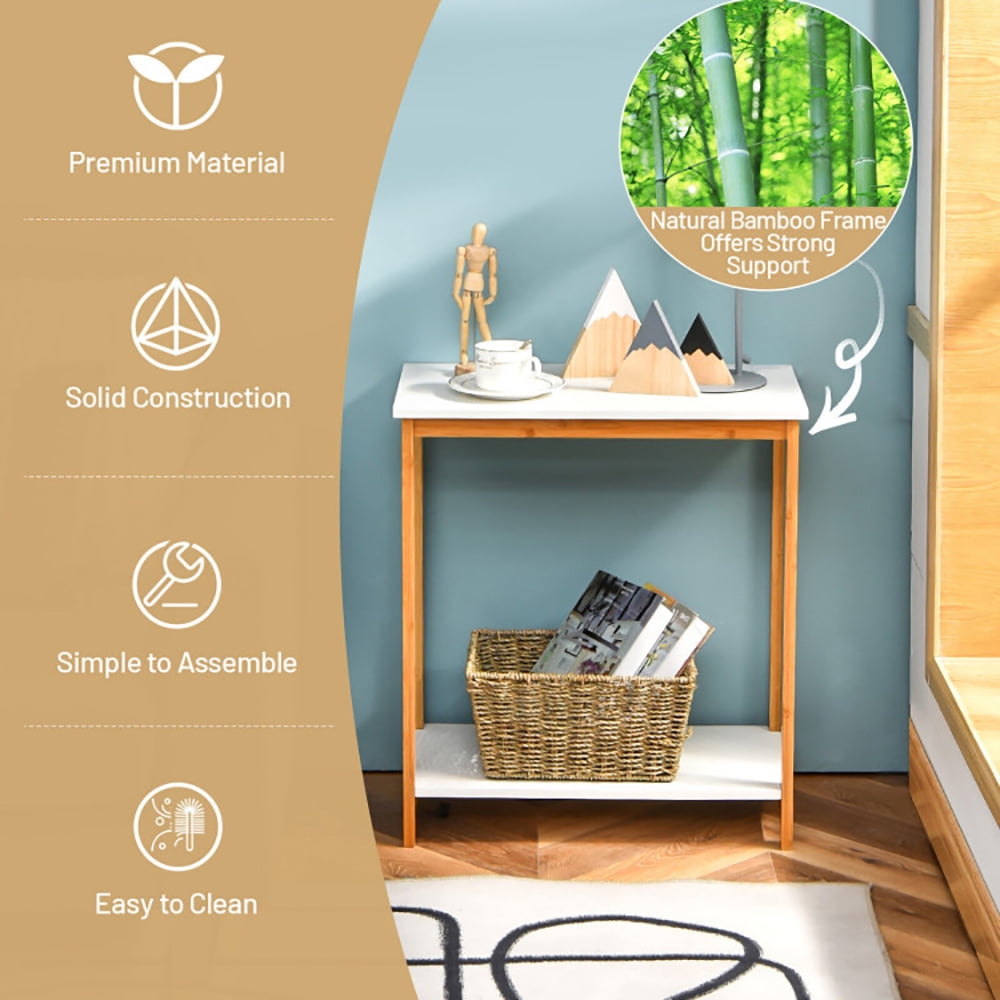 Finihen End Table, 23 Inch Height 2-tier End Table with Bamboo Frame and Bottom Shelf, Sofa Side Table, Bed Side Table, for Living Room, Bedroom, White Finihen End Table, 23 Inch Height 2-tier End Table with Bamboo Frame and Bottom Shelf, Sofa Side Table, Bed Side Table, for Living Room, Bedroom, White