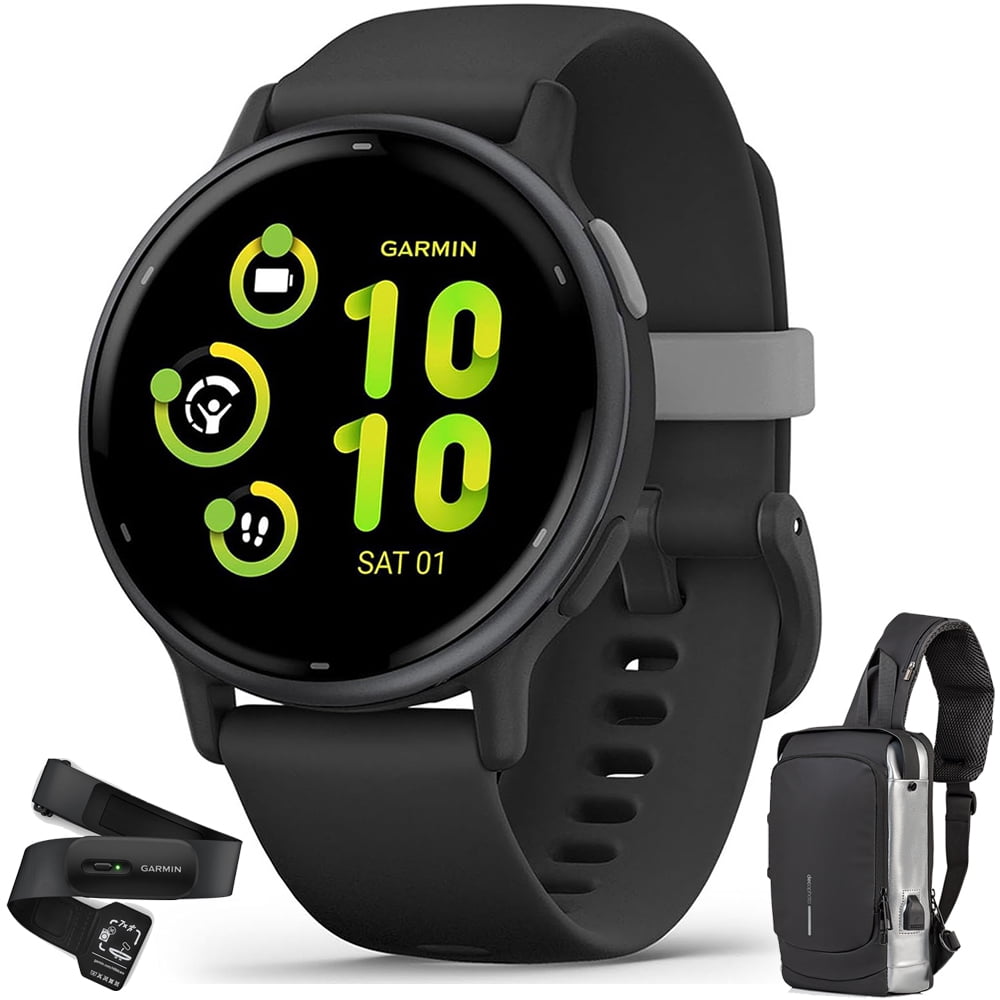 Garmin 010-02862-10 Vivoactive 5 Fitness Smartwatch Black Bundle with Garmin Heart Rate Monitor Strap M-XL and Deco Essentials Sling Backpack USB Charging Waterproof
