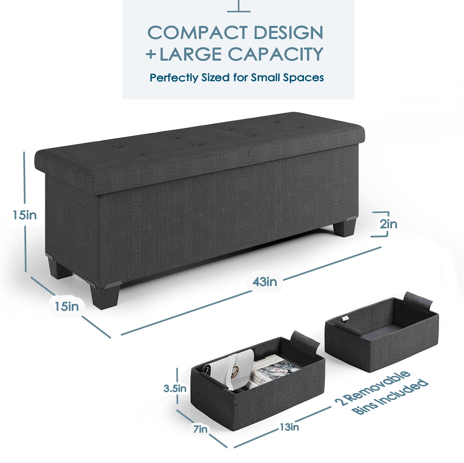 StorageBud Ottoman with Storage Bench, 43-inch Storage Ottoman, Linen, White