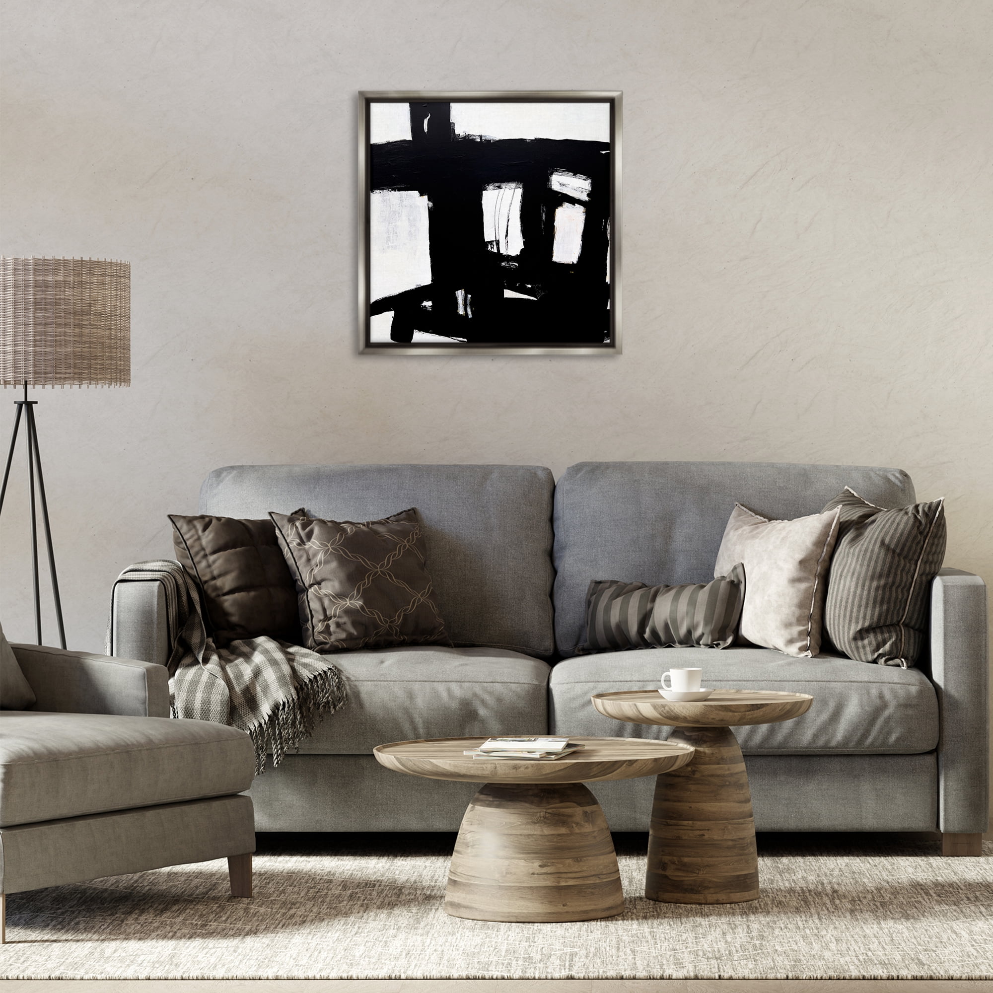 Stupell Industries Industrial Black Streaks Abstract Painting Gray Floater Framed Canvas Art Print Wall Art, 25 x 25