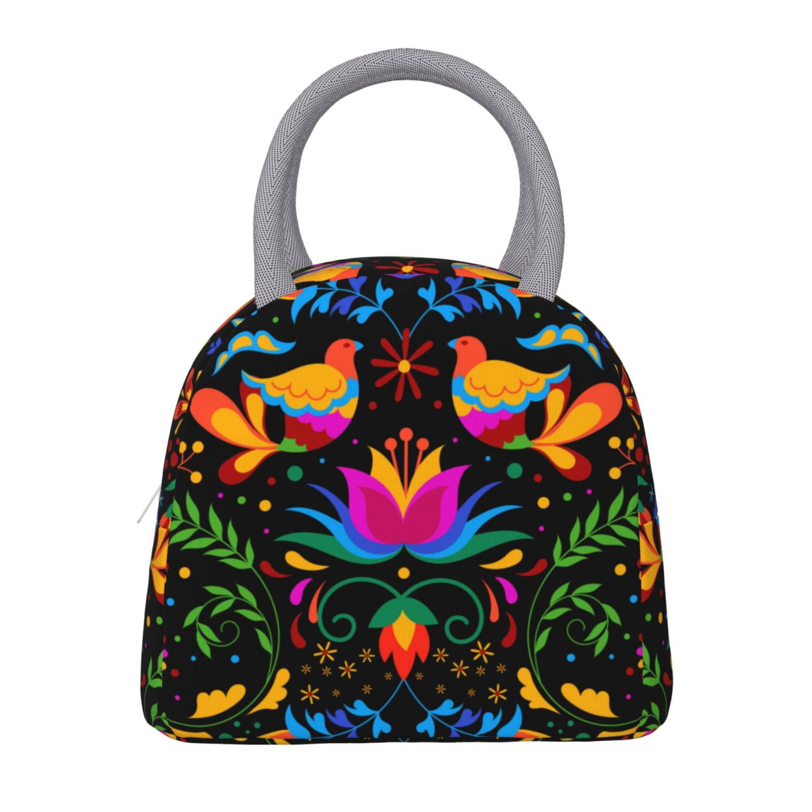 Horeoi Mexican Flower Traditional1 Pattern Large Insulated Lunch Bag for Work, School, Picnic - Waterproof, Durable Oxford Cloth, Comfortable Handle-Light Grey
