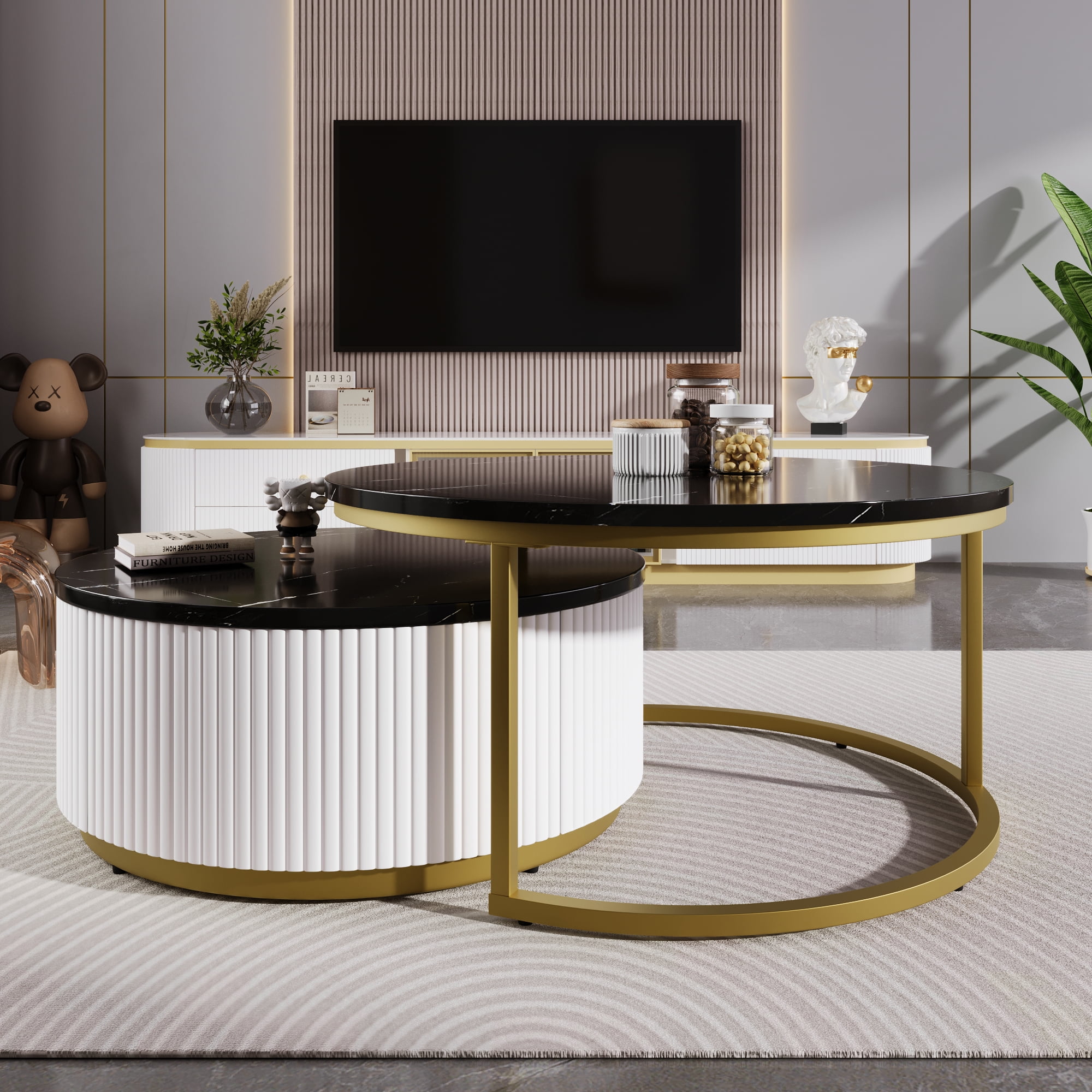 Harper & Bright Designs Gold Round Nesting Coffee Table Set of 2, Fluted Center Table with Glod Legs, Modern End Table with Drawer for Living Room