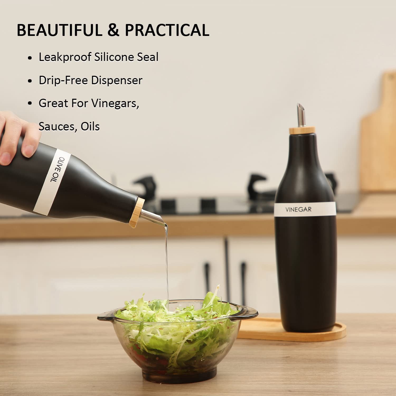 Ceramic Olive Oil Dispenser for Kitchen, Stoneware 16oz Oil Cruet and Vinegar Bottles Dispenser, Kitchen Dispenser Bottle for EVOO Vinegar Syrups, Modern Farmhouse Design(B-O)