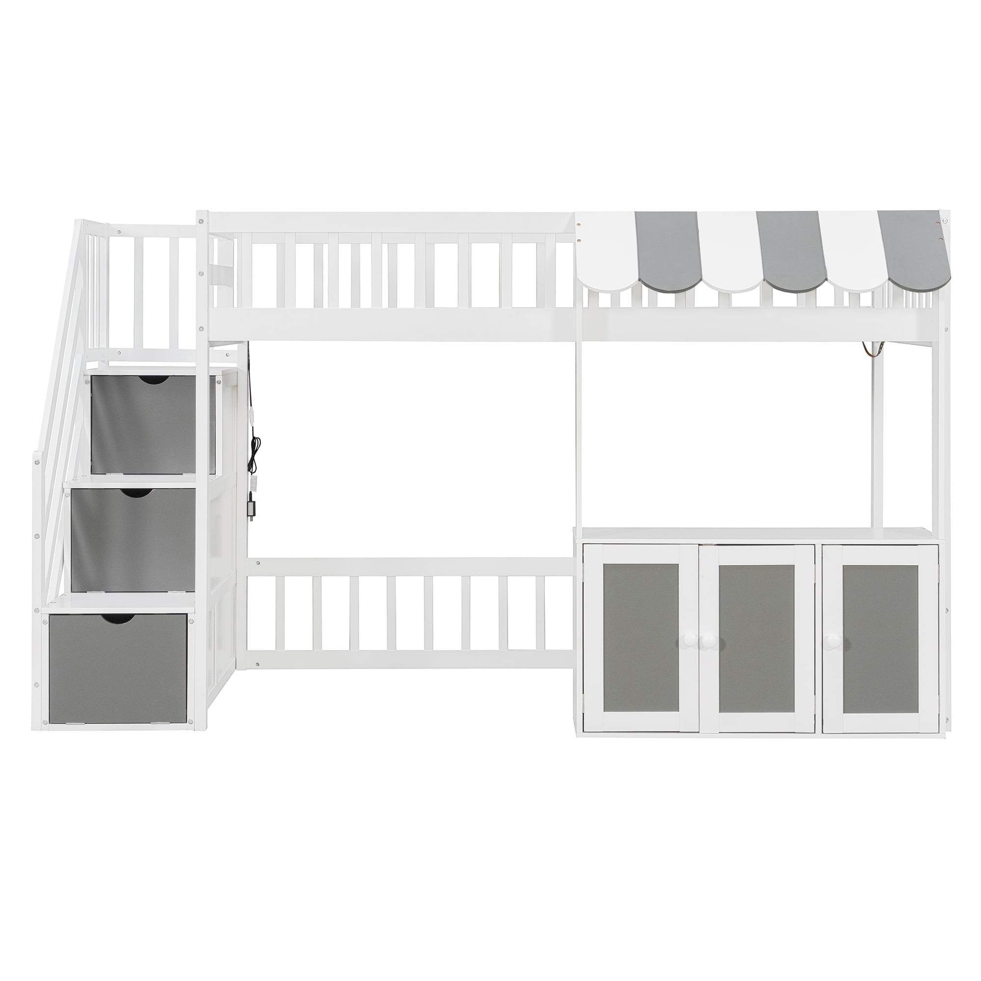Mintazer Twin Size Loft Bed with Play Storefront & LED Lights, Kids Loft Bed with Guardrail and Storage Staircase & Cabinet for Bedroom, White & Gray