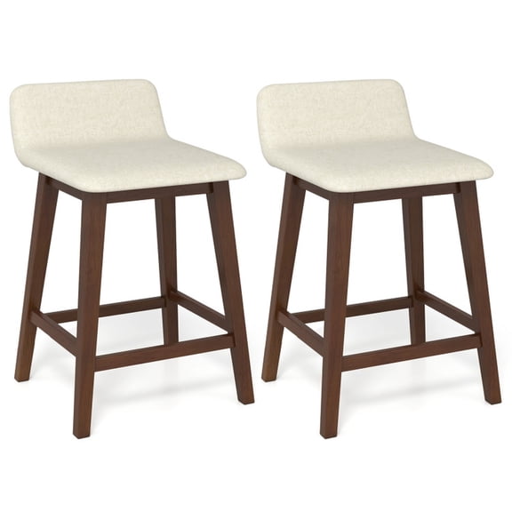 Furnibear Counter Height Bar Stools Set of 2 with Low Back Rubber Wood Frame and Faux Linen Cushion for Kitchen Island Counter, Brown