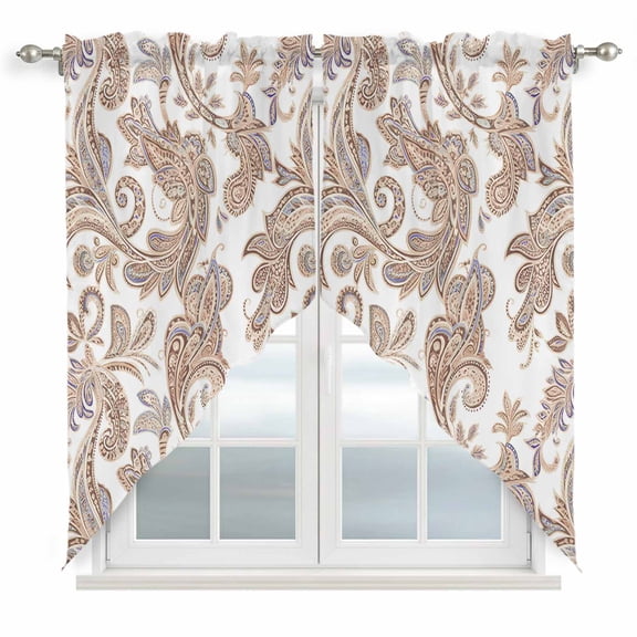 Floral Boho Swag Curtains for Kitchen/Bedroom/Living Room, Vintage Country Brown Pesley Flowers Scalloped Curtains 63 Inch Long, Rod Pocket Window Swag Topper Curtains Valances 2 Panels Set 36"x63"