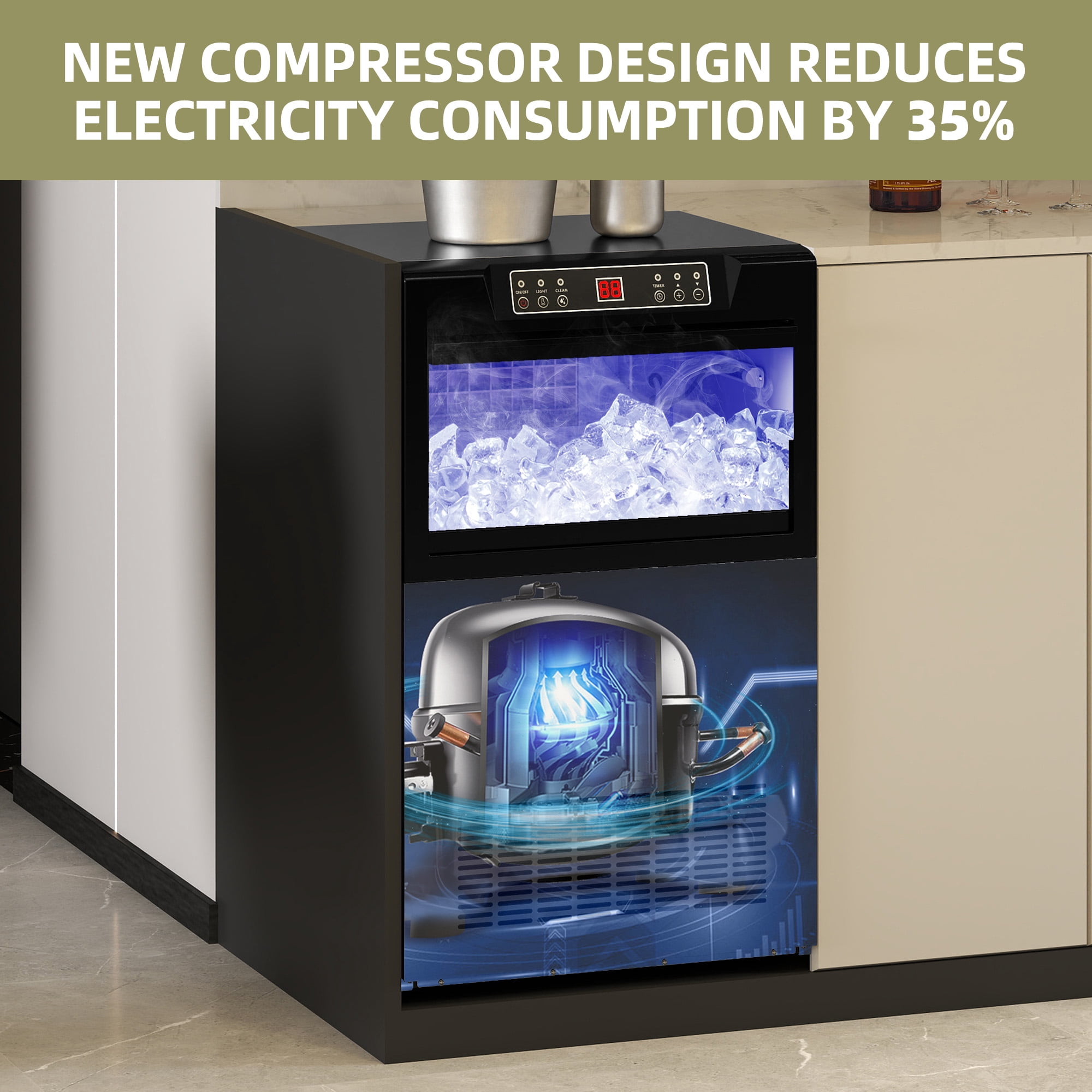 Dextrus Upgraded Commercial Ice Machine, 100LBS/24H Ice Maker with 33LBS Storage Bin, LCD Panel with Blue Light & Stainless Steel Scoop for Restaurant, Home, Bars, Coffee Shop(36PCS)
