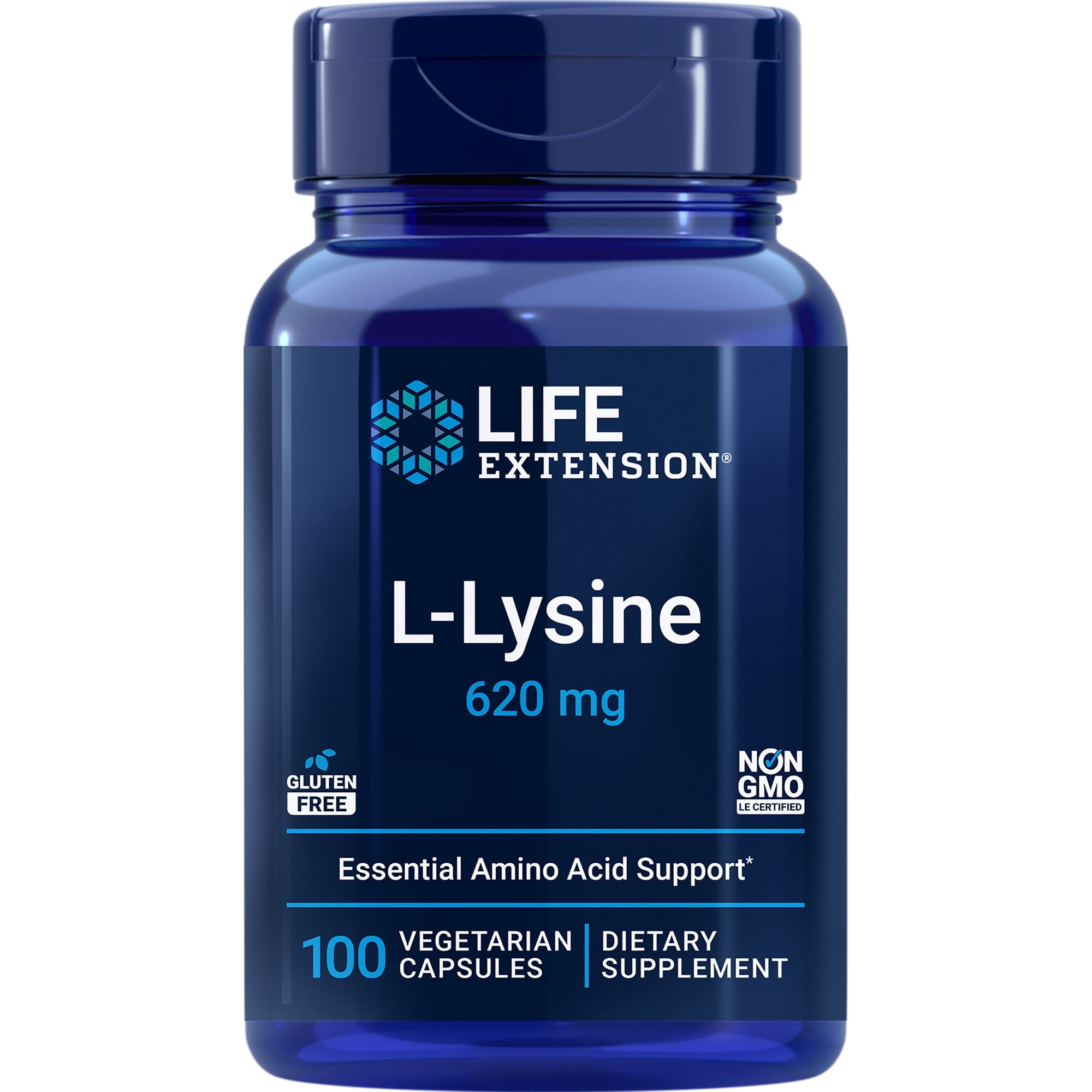 Life Extension L-Lysine, 620 mg, essential amino acid for healthy nitrogen balance, calcium metabolism, stress response & more, gluten-free, non-GMO, vegetarian, 100 capsules
