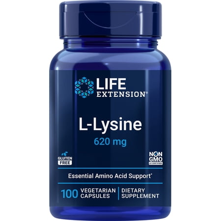 Life Extension L-Lysine, 620 mg, essential amino acid for healthy nitrogen balance, calcium metabolism, stress response & more, gluten-free, non-GMO, vegetarian, 100 capsules