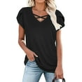 thumbnail image 2 of Olyvenn Summer Tops Women Fashion Criss Cross Strappy V Neck Shirts New Petal Sleeve Dressy Blouses Solid Daily Tees Black S, 2 of 8