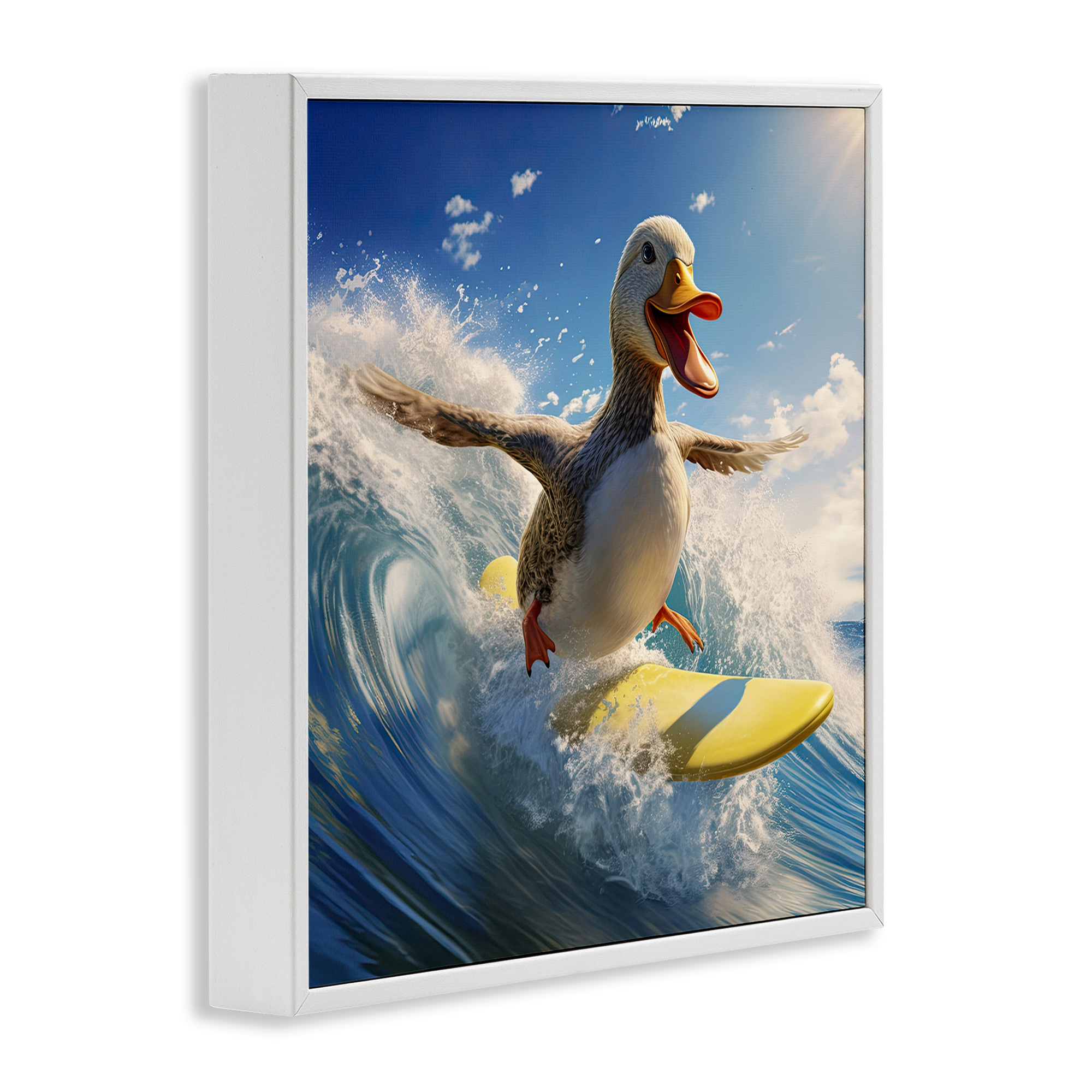 Stupell Industries Happy Surfing Duck Coastal Painting White Framed Art Print Wall Art, 24 x 24