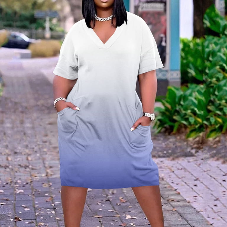 plus size t shirt midi dress Women's 2024 Summer Plus Size T-Shirt Dresses U Neck Casual Solid Short Sleeve Loose Midi Dress with Pockets