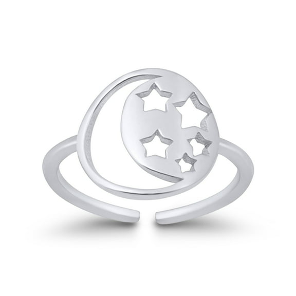 11mm-Moon & Stars Toe Band Ring 925 Sterling Silver Thin Adjustable Stylish Rings for Women