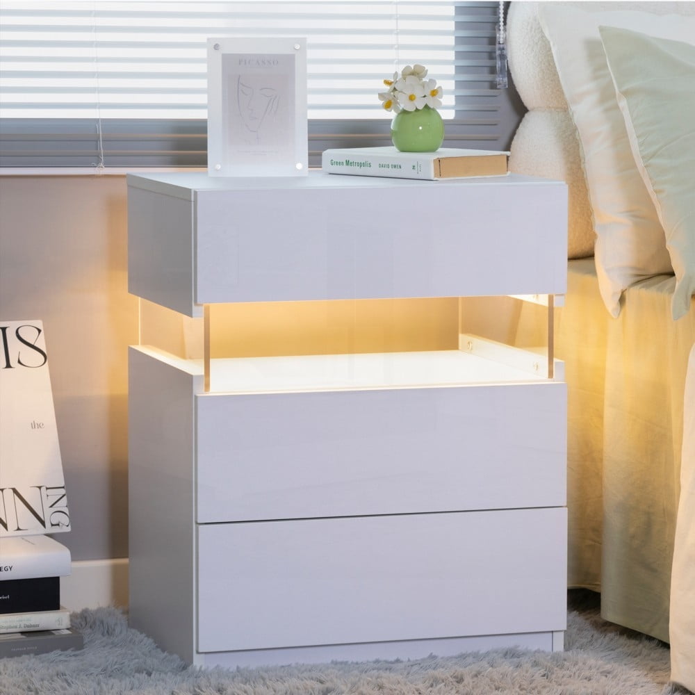 White LED Nightstands 3 Drawer Dresser Featuring Acrylic Board & LED Lighting (Bedroom & Living Room)