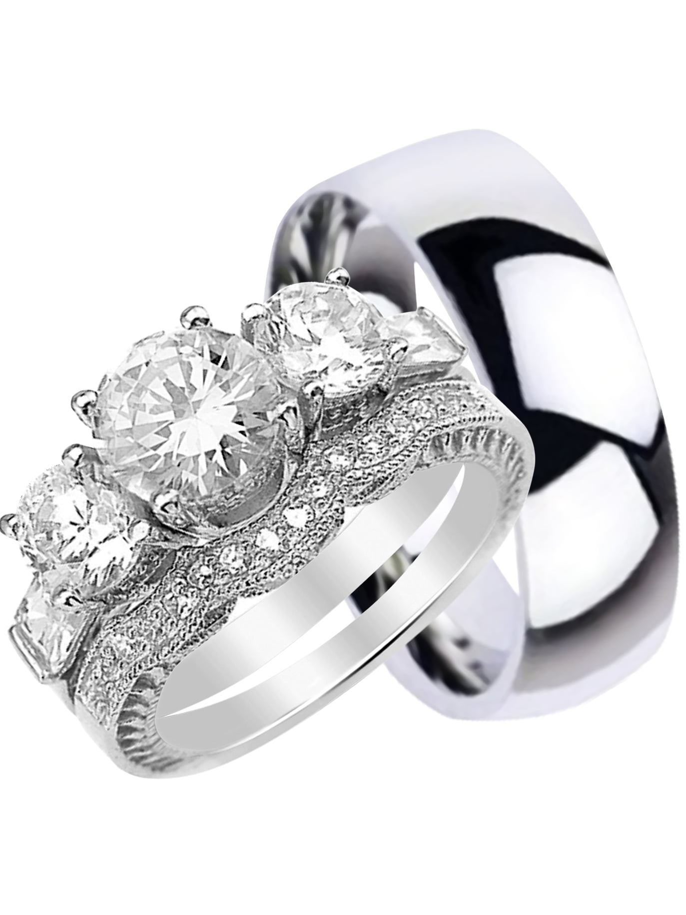 LaRaso & Co - His and Hers Wedding Ring Set Matching Trio Wedding Bands ...