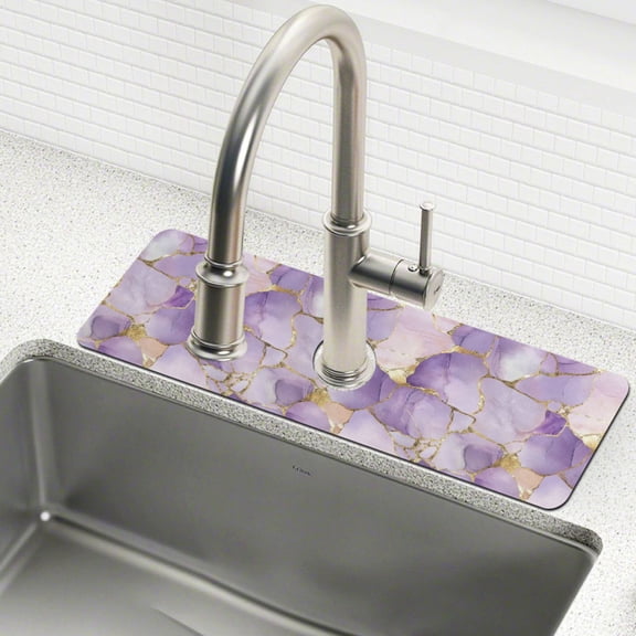 Yayeee Faucet Mat for Kitchen Sink 14.7" Diatomite Long Splash Guard Pad, Pastel Purple Marble Pattern