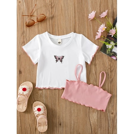 

Multicolor Toddler Girls Butterfly Embroidery Lettuce Trim Tee Cami Top Casual 100 S040E