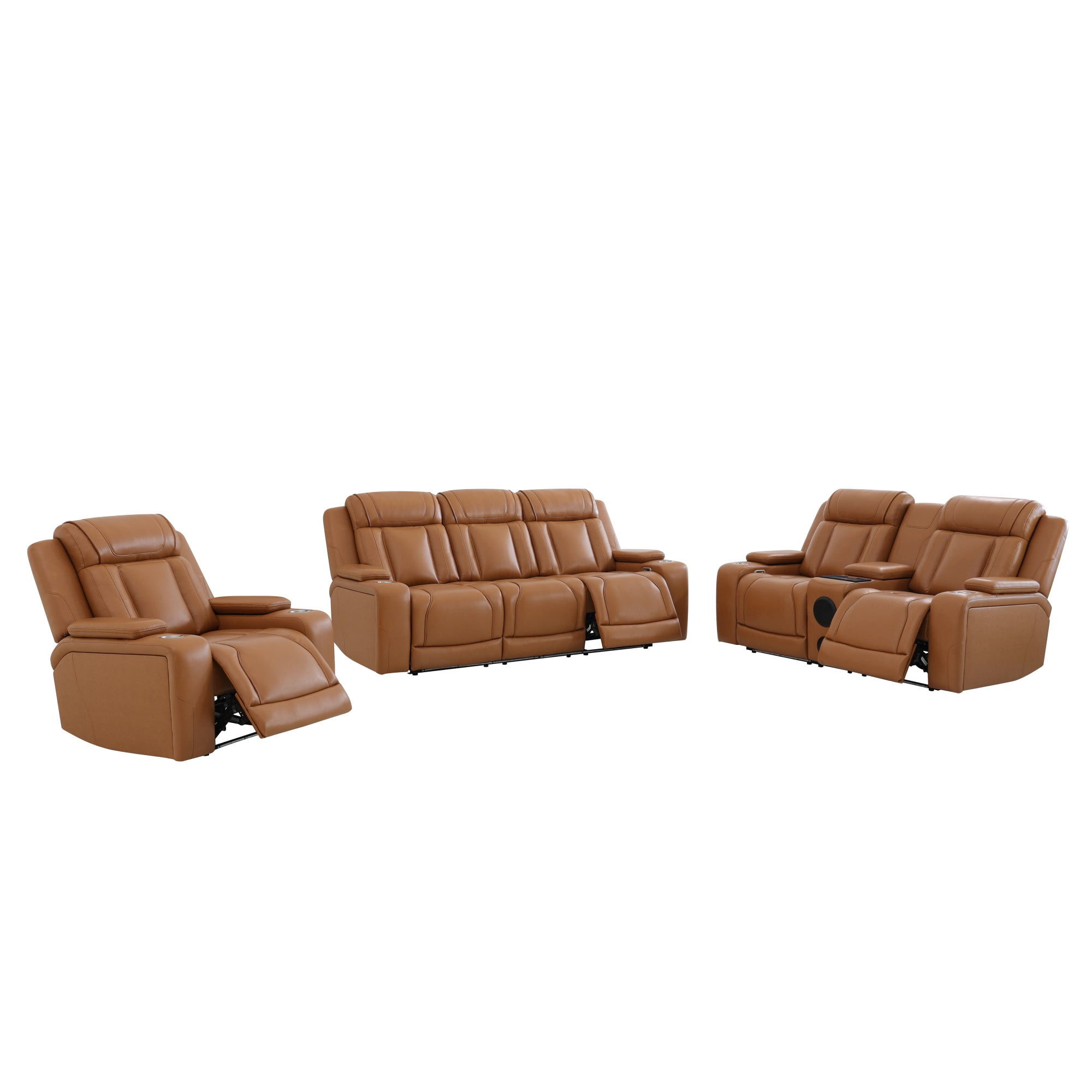 Gewnee 1+2+3 Piece Recliner Sofa Set, Air Leather Smart Sofa with Wireless Charging, Bluetooth Speaker, LED Light, Cup Holders & Storage, Adjustable Recline for Living Room, Orange Yellow