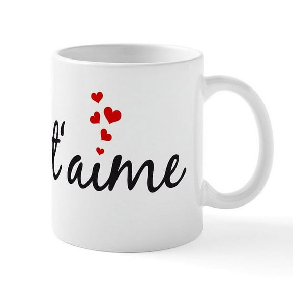 CafePress - Je T'aime, French Word Art With Red Hearts Mug - 11 oz Ceramic Mug - Novelty Coffee Tea Cup