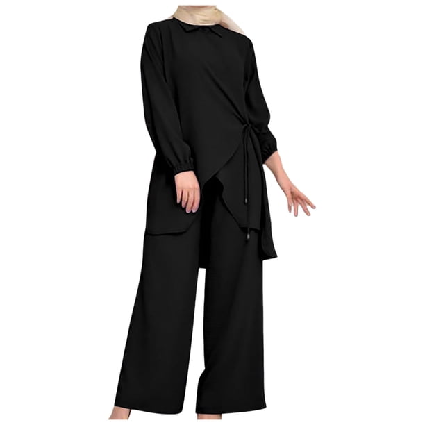 Conjunto de camisa musulmana de manga larga con solapa y pantalones anchos para mujer: traje informal holgado de color liso