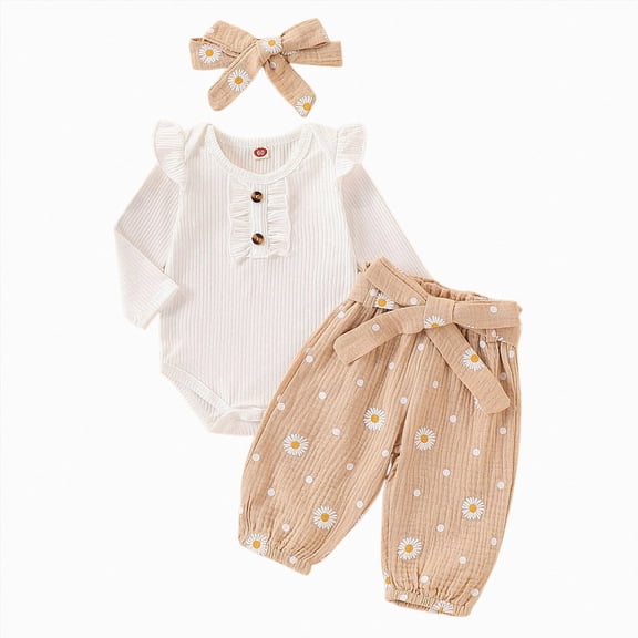 TOWED22 Baby Girl Outfits 3pc Clothes Set Fall Winter Long Sleeve Round Neck Print Bodysuit Romper Bell Bottom Pants Headband Jumpsuit Set(Khaki,18-24 M)