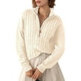thumbnail image 2 of Women'S Sweaters Fall Winter Quarter Zip Casual Ribbed Cable Knit Pullover Ivory White L, 2 of 9