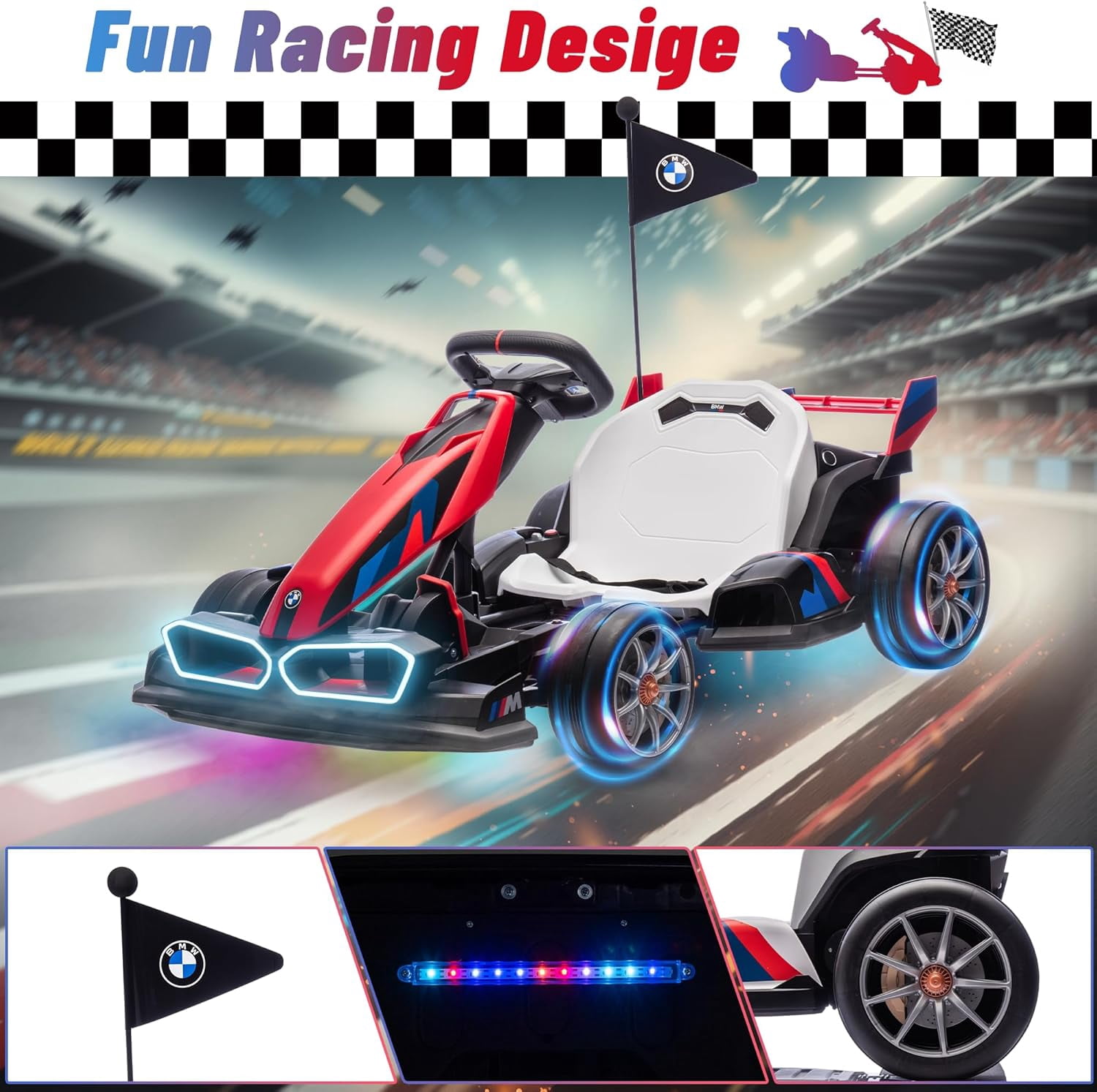 Licensed BMW Electric Go Kart for Kids 6-12, 36V 9AH Drift Kart Ride on Toys, Dual 300W Motors, Adjustable Seat, Drift Mode, 2 Speed, LED Lights