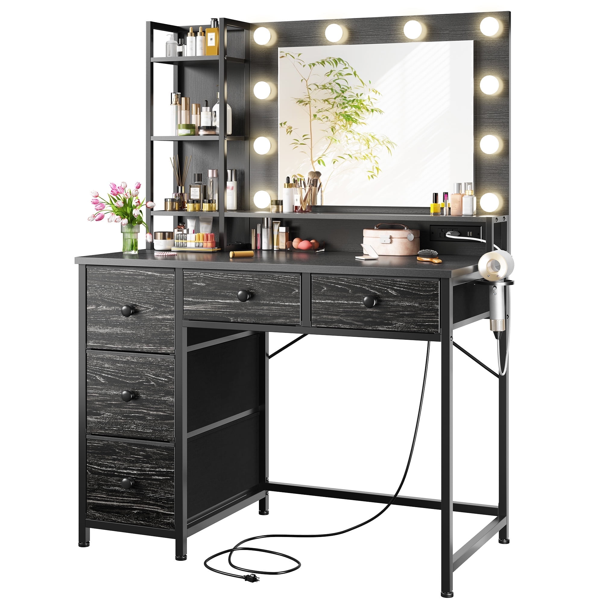 Romorgniz Vanity with Mirror and Lights Vanity Desk with 5 Drawers and Storage Shelves Makeup Dressing Table with Power Outlet & USB,Black