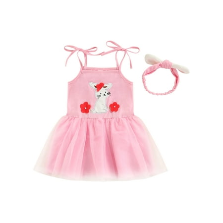 

Easter Toddler Baby Girl Dress Cartoon Bunny Embroidered Sling Dress Knotted Bunny Ears Headband Pink 12-18 Months